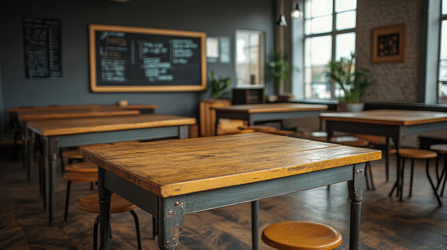 Serene interior shot of old-fashioned educational or dining space with multiple wooden tables, stools, large blackboard, and ample natural light.