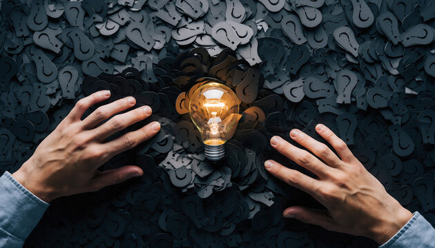 Light Bulb Idea in the Middle of Confusion – Solution and Insight Concept