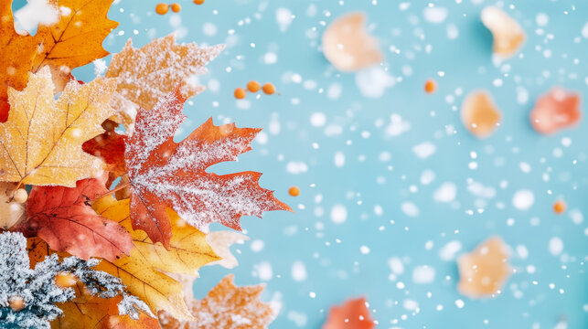 Colorful autumn leaves in orange, red, and yellow, delicately dusted with sparkling snow, set against soft, serene blue background, beautifully capturing magical transition from fall to early winter w