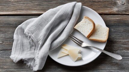 White bread and cheese on rustic wooden table with silver fork and gray cloth