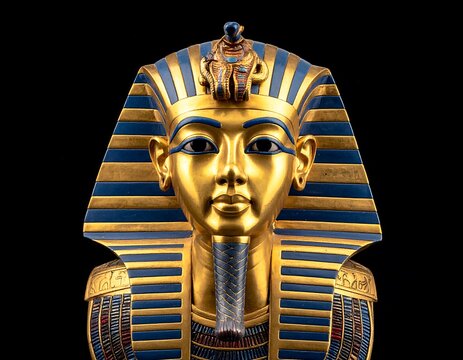 Close-up of an ornate, golden, blue-striped Egyptian pharaoh bust against a black backdrop