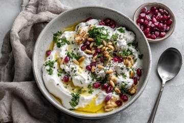 Fresh labneh with pomegranate, nuts, and herbs in a ceramic bowl