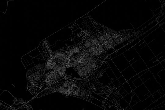Stylized map of the streets of Almere (Netherlands) made with white lines on black background. Top view. 3d render, illustration