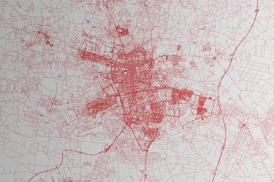 Map of the streets of Lodz (Poland) made with red lines on white paper. 3d render, illustration