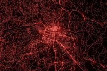 Street map of Maribor (Slovenia) made with red illumination and glow effect. Top view on roads network. 3d render, illustration