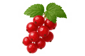 Fresh red currant berries on a sprig with green leaves, ripe and raw summer fruit, transparent background