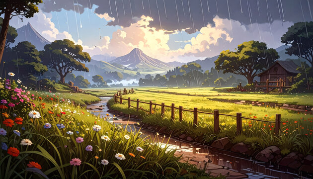 Rainy Countryside Path with Colorful Wildflowers