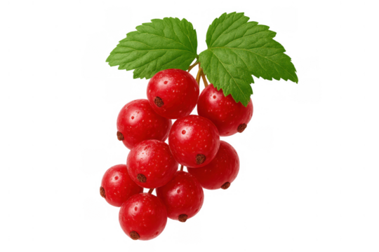 Fresh red currant berries on a sprig with green leaves, ripe and raw summer fruit, transparent background