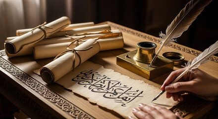 Mastering the art of arabic calligraphy with a feather quill and ink on parchment