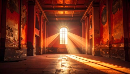 Sunlight streams through a large window in a weathered, empty hall, illuminating dust and creating dramatic light rays