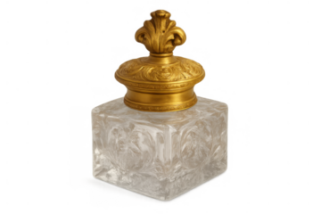 Elegant vintage crystal inkwell with ornate gilt-bronze lid featuring intricate fleur-de-lis motif for antique decor