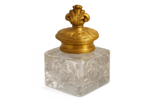 Elegant vintage crystal inkwell with ornate gilt-bronze lid featuring intricate fleur-de-lis motif for antique decor