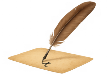 Quill pen writing on parchment paper, illustrating history, literature, education, and artistic calligraphy on transparent background