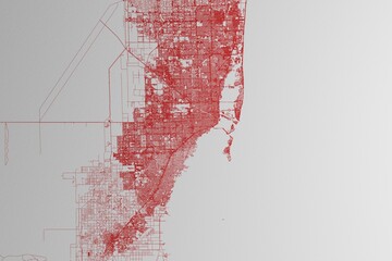 Map of the streets of Miami (Florida, USA) made with red lines on white paper. 3d render, illustration