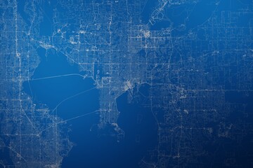Stylized map of the streets of Tampa (Florida, USA) made with white lines on abstract blue background lit by two lights. Top view. 3d render, illustration
