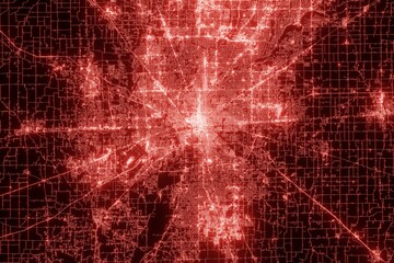 Street map of Indianapolis (Indiana, USA) made with red illumination and glow effect. Top view on roads network. 3d render, illustration