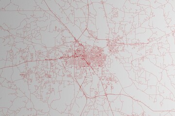 Map of the streets of Jackson (Mississippi, USA) made with red lines on white paper. 3d render, illustration