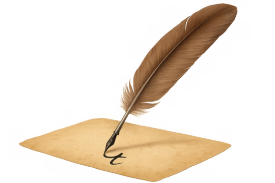 Quill pen writing on parchment paper, illustrating history, literature, education, and artistic calligraphy on transparent background