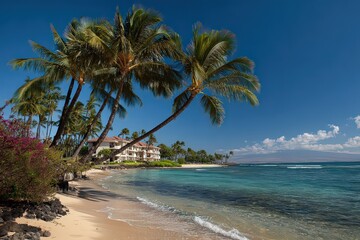 Vibrant Tropical Beach Scene with Palm Trees on Golden Sand with Azure Waters and Distant Island in Bright Daylight Scenic Paradise Coastline