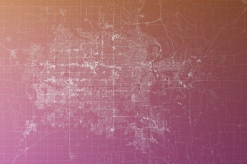 Map of the streets of Omaha (Nebraska, USA) made with white lines on pinkish red gradient background. Top view. 3d render, illustration