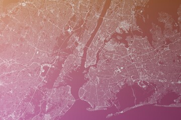 Map of the streets of New York City (New York, USA) made with white lines on pinkish red gradient background. Top view. 3d render, illustration