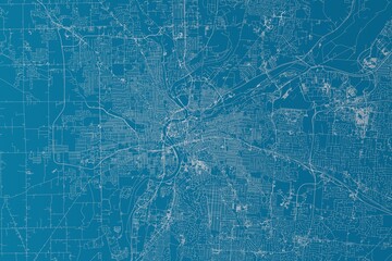 Map of the streets of Dayton (Ohio, USA) made with white lines on blue background. 3d render, illustration