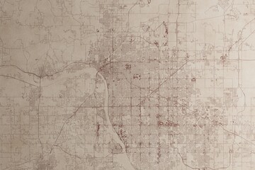 Map of Tulsa (Oklahoma, USA) on an old vintage sheet of paper. Retro style grunge paper with light coming from right. 3d render