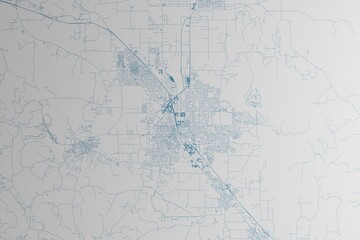 Map of the streets of Medford (Oregon, USA) made with blue lines on white paper. 3d render, illustration