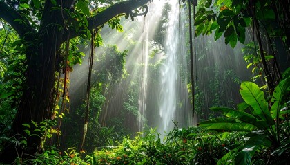 Obraz premium Sunlight streams through dense, lush green rainforest foliage, creating a serene and vibrant tropical scene