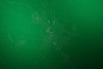 Map of the streets of Medford (Oregon, USA) made with white lines on abstract green background lit by two lights. Top view. 3d render, illustration