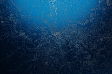 Street map of Pittsburgh (Pennsylvania, USA) engraved on blue metal background. View with light coming from top. 3d render, illustration