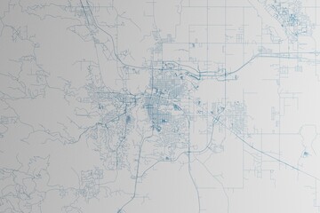 Map of the streets of Rapid City (South Dakota, USA) made with blue lines on white paper. 3d render, illustration