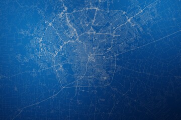 Stylized map of the streets of San Antonio (Texas, USA) made with white lines on abstract blue background lit by two lights. Top view. 3d render, illustration