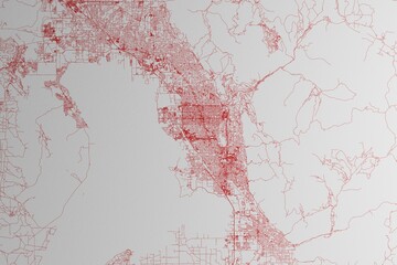 Map of the streets of Provo (Utah, USA) made with red lines on white paper. 3d render, illustration