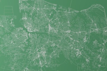 Stylized map of the streets of Norfolk and Virginia Beach (Virginia, USA) made with white lines on green background. Top view. 3d render, illustration