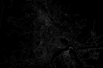 Stylized map of the streets of Bangui (Central African Republic) made with white lines on black background. Top view. 3d render, illustration