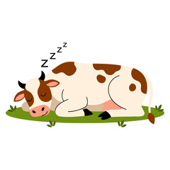 Funny Cow Slipping on Green Grass Field. Flat Vector Illustration