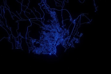 Street map of Praia (Cape Verde) made with blue illumination and glow effect. Top view on roads network