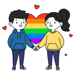 LGBTQ Couple Holding Hands with Love Symbol. Flat Vector Illustration
