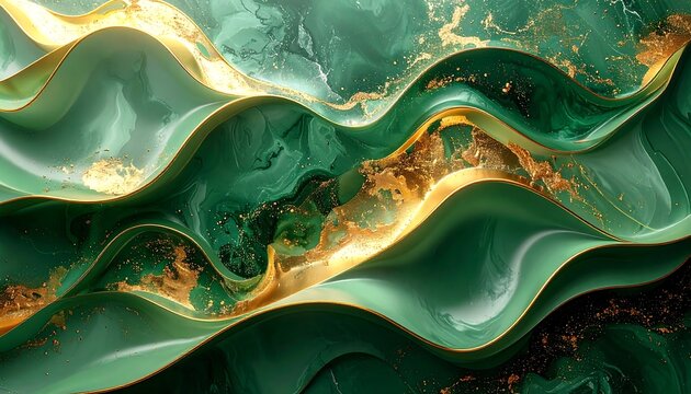 Swirling green and gold ribbons form dynamic abstract shapes, evoking movement and luxury with fluid, luminous textures - Powered by Adobe