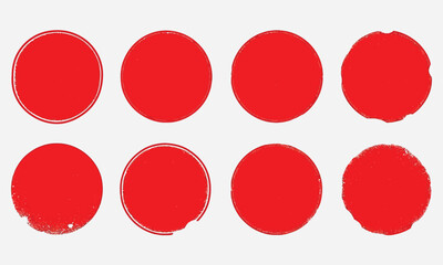 Set of eight red circle shapes with different textures and grunge effects for design elements
