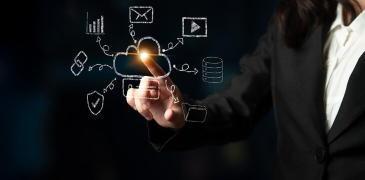 A hand drawn doodle of a cloud computing services ecosystem. A creative sketch of a network for data storage, sharing, and online applications. Motif
