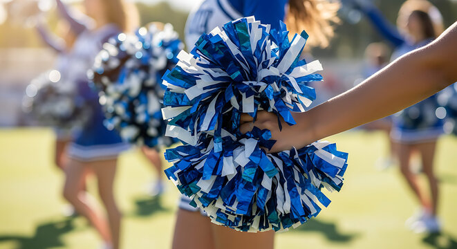 Cheerleaders holding blue and white pom-poms on the field during a sunny sports competition