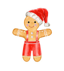 Watercolor gingerbread man  in santa claus hat isolated on white background.