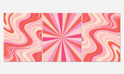 Retro Swirl and Burst Pattern Set Dynamic Waves and Radiant Sunburst Designs in Pink Tones