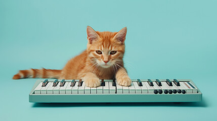 A cat playing keyboard piano on light blue color background, Animal photography