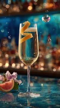 Refreshing Champagne Cocktail with Bubbles and Lemon Garnish for Social Media or Mobile Format