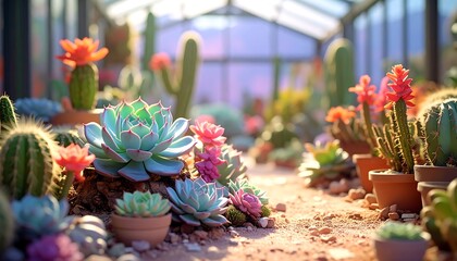 Sunny greenhouse interior with cacti, succulents, and vibrant blooms, set in earthy tones and soft, diffused light