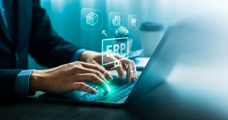 ERP enterprise resource planning software system integration with business management modules including finance, supply chain, sales, human resource, operation for digital transformation, efficiency