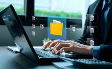 Digital file management system concept with businessman using virtual folder network interface to organize data, AI agent data tools for cloud storage, document sharing, secure information structure